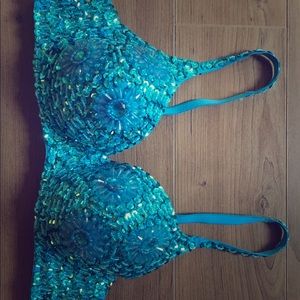 Turquoise Sequined Hand-Made Push-Up Bra (M/L)